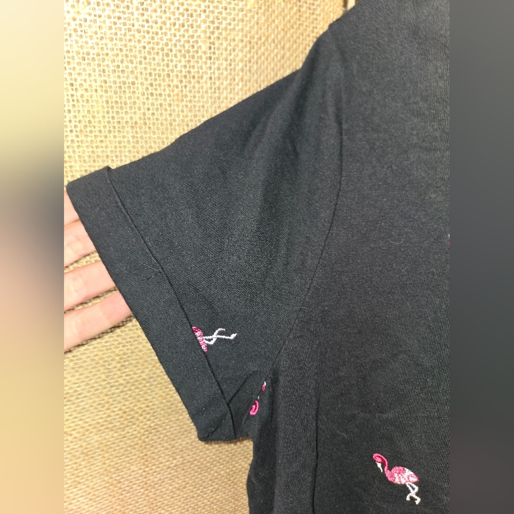 Women's Vintage America Blk Top with Pink Flamingo Embroidery Fold Sleeve Size L - Picture 3 of 10